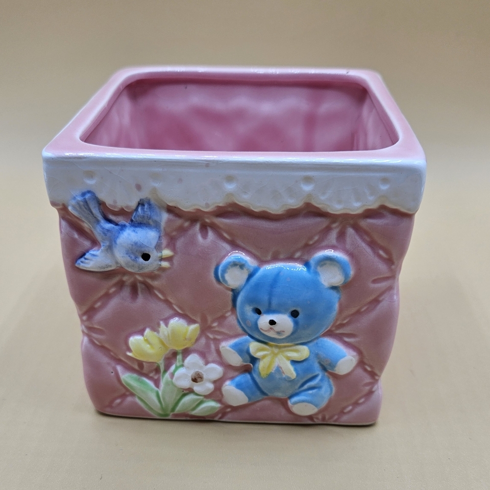 Blue Pink Pastel 3.75" Sq. Ceramic Quikted Planter, Baby, Easter, Spring Decor